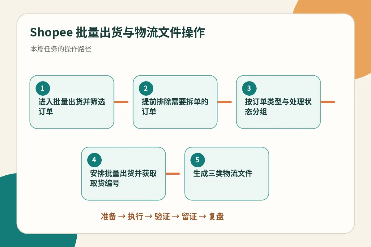 Shopee批量出货与物流文件操作流程示意图