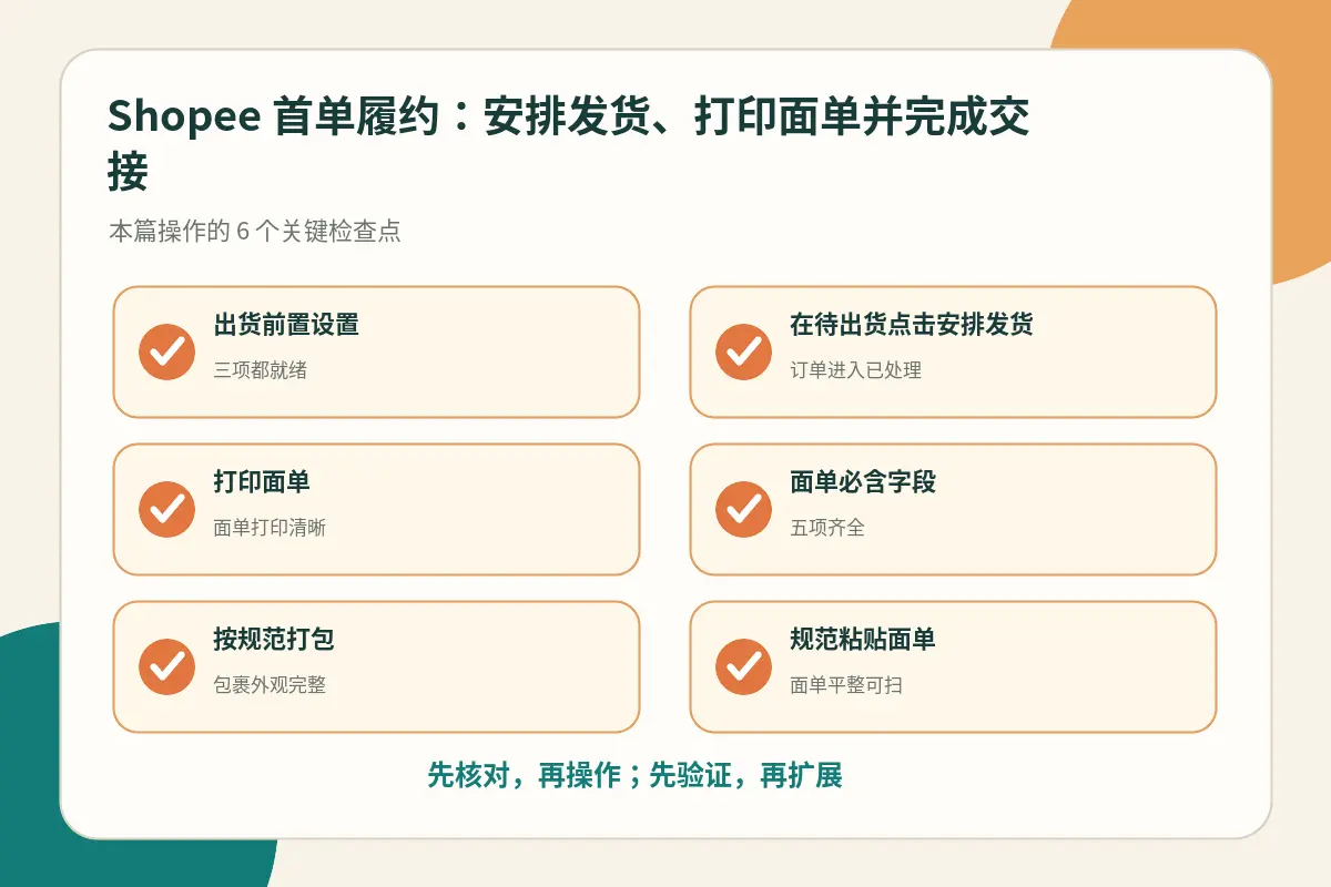 首单履约关键检查点示意图:申请出货编号、面单打印、首公里预报、包裹交接四个环节的核对要点
