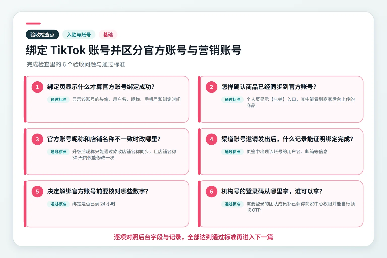 绑定 TikTok 账号并区分官方账号与营销账号关键检查点示意图