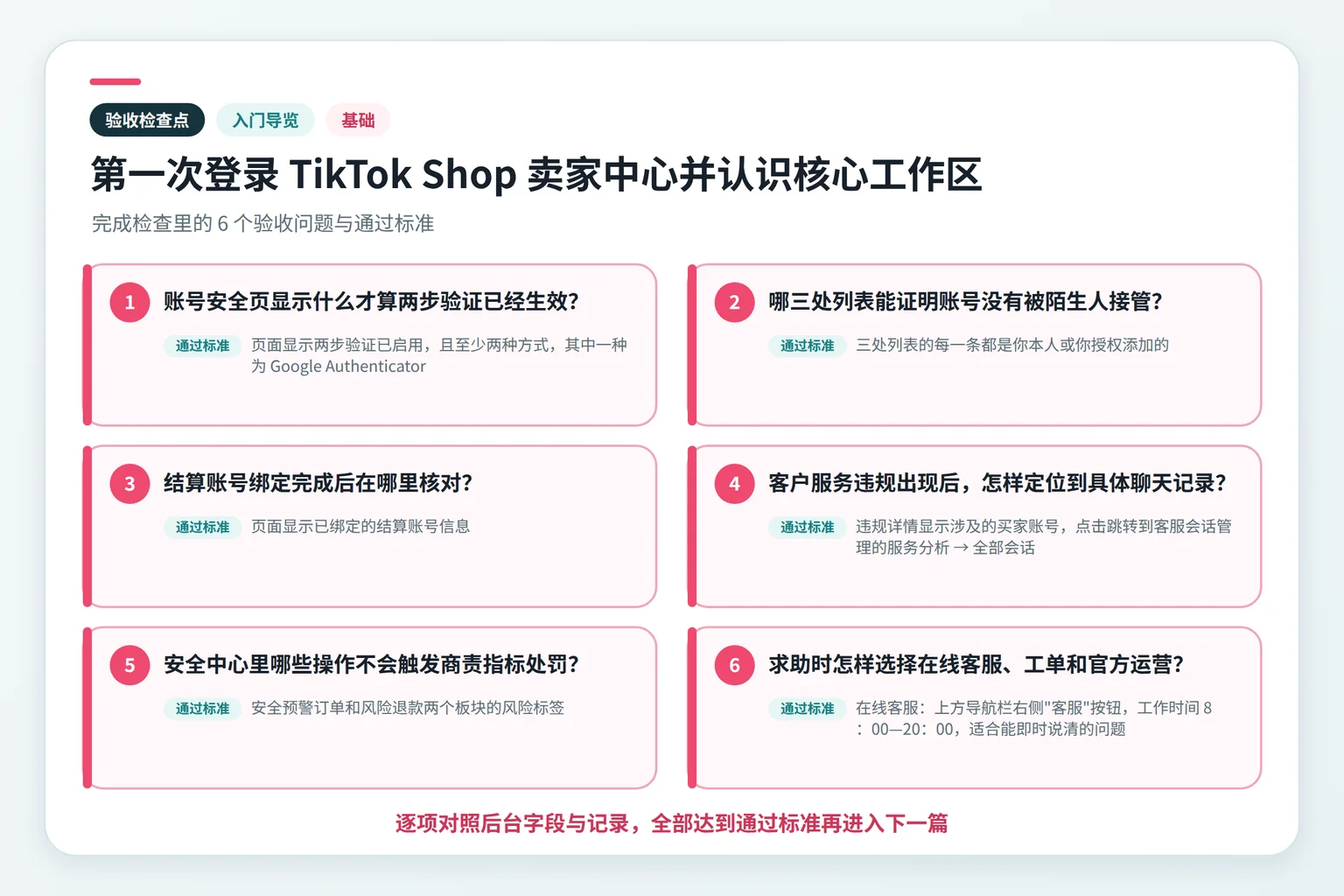 第一次登录 TikTok Shop 卖家中心并认识核心工作区关键检查点示意图